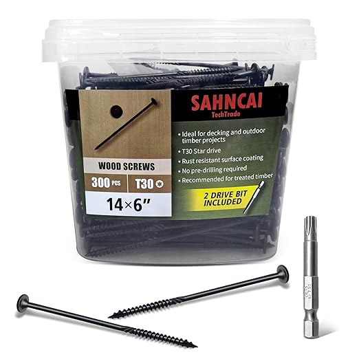 6 Inch Deck Screws 300Pcs, Heavy-Duty Wood Screws Assortment Fastener Kit,Rust Resistant epoxy Coated, T30 Star Bit (#14 x 6)
