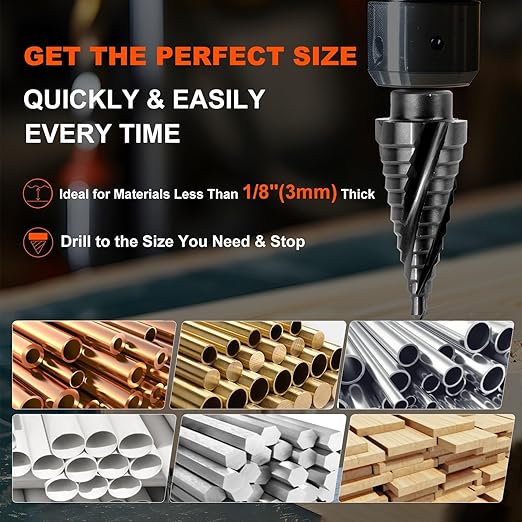 COMOWARE M35 Cobalt Step Drill Bit, 4 Spiral Flute, Step bit with 3/8" Hex Shank, 12 Sizes (3/16" to 7/8"), Steps bits for Metal, Stainless Steel, Aluminum/Wood/Plastic, Unibit for Electricians & DIY