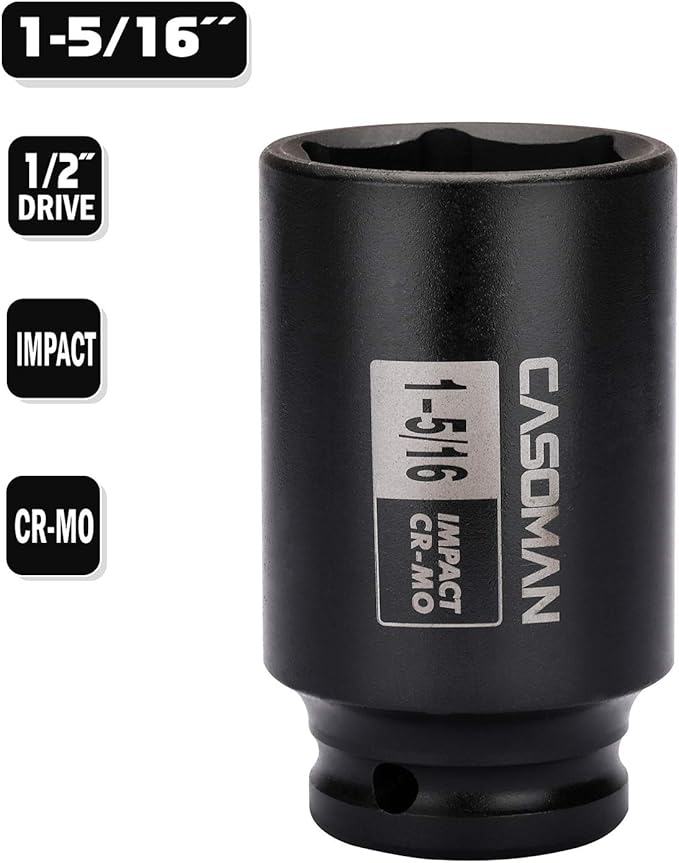 CASOMAN 1/2-Inch Drive 6-Point Deep Impact Socket- 1-5/16'' (SAE), CR-MO, for Axle Shaft Nuts, High-Torque, Corrosion-Resistant