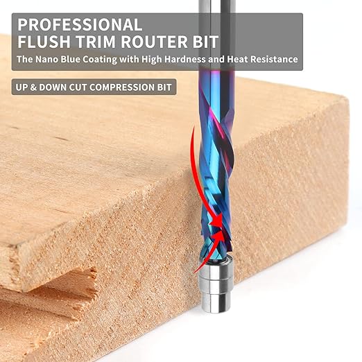 EANOSIC 5PCS Up Down Cut Compression Spiral Flush Trim Router Bit, 1/4 Inch Shank Solid Carbide Flush Trim Router Bits CNC Spiral Bit with Nano Coating