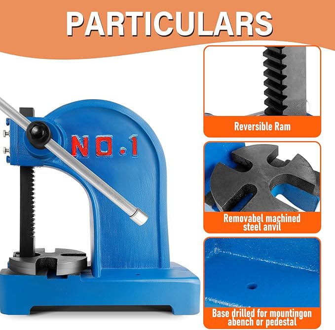 1 Ton Arbor Press Manual Heavy Duty Arbor Press Machine, 5.5" Work Height,Manual Arbor Press Cast Iron Desktop Punch Press, for Punching,Bending, Stretching (Blue, 1T)