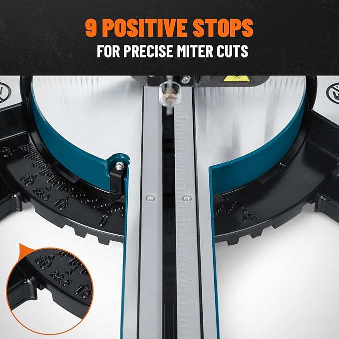 DOVAMAN Updated 10-Inch Sliding Miter Saw, Multi-Material Cutting w/ 3 x TCT Blades, Ambidextrous Operation, 5000/3200RPM Speed, Laser Guide, 0-45° Bevel Cut, Max Cut 3.5x13.4in, 9 Positive Stops