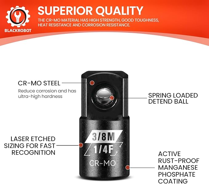 BLACKROBOT 4 Piece 1/4?쒯 To 3/8?쒶 Impact Socket Adapter Set,SAE Drive Cr-Mo Steel Exceeds ANSI Standards,Square Drive Reducer for Impact Driver Wrench