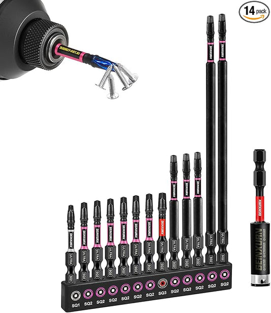 13pcs Impact #1#2#3 Square Screwdriver Bits Set, 2??3??6??(SQ1/SQ2/SQ3) Magnetic S2 Steel Driver Bits Set and 1pc 3??Impact Bit Holder with Color Coded Base