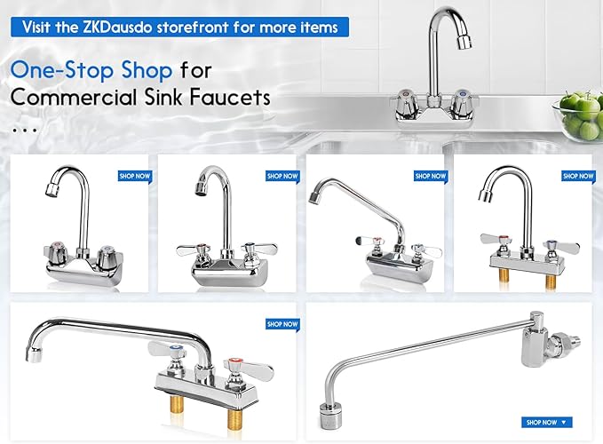 Leak-Free Commercial Sink Faucet 12" Swivel Spout, Wall Mount Kitchen Hand Sink Faucet with 4 Inch Center, 1/2" NPT Male Inlet, Brass Constructed & Chrome Polished, Dual Lever Handles
