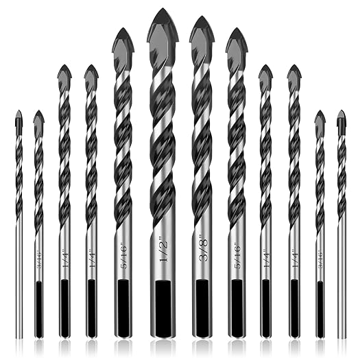 12Pcs Masonry Drill Bit Set, Concrete Drill Bit Set, 1/8 to 1/2 inch Professional Carbide Drill Bits Set for Glass, Brick, Plastic, Cement, Concrete, Granite, Wall, Wood, Tile Etc.