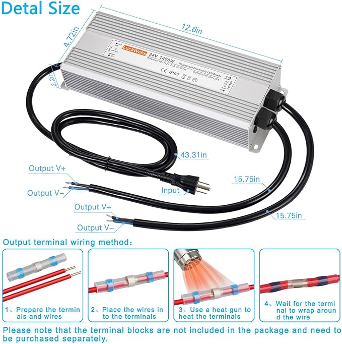 LED Driver 24V1400W Waterproof Power Supply AC 90-130V to DC 24V58A Low-Voltage Transformer IP67 Switching Power Supply Suitable for high-Power LED Lighting and Any 24V DC Equipment
