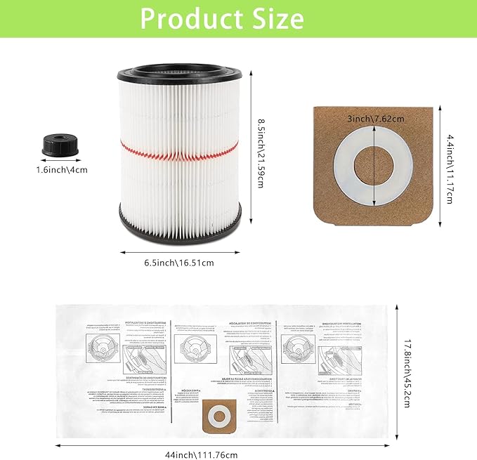 MZY LLC 2 Pack 17816 Filter for Craftsman Shop Vac Filter Cartridge Filter Replacement with 4 Pcs CMXZVBE38749 General Purpose Shop Vacuum Dust Collection Bags for 16 and 20 Gallon Shop Vacuums