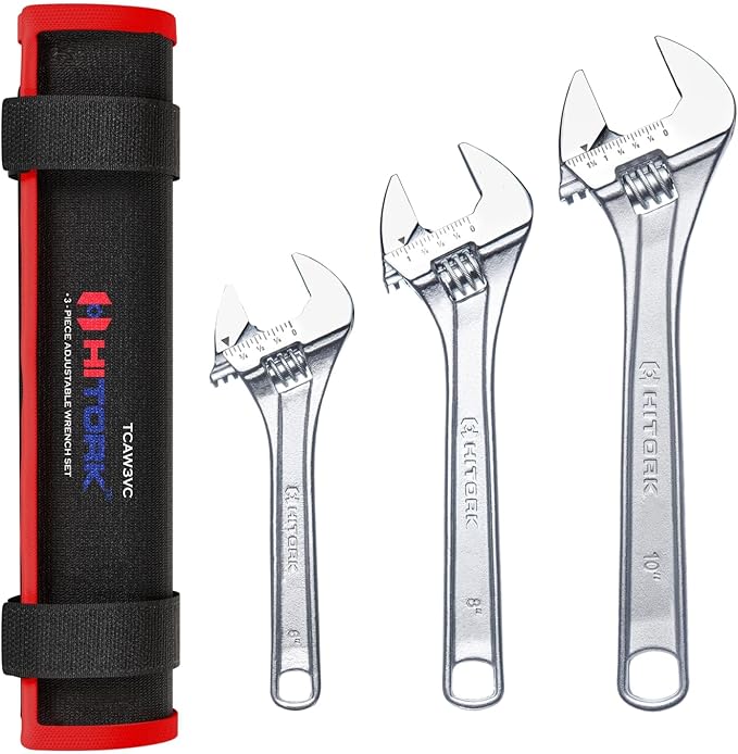 Hitork 3-Piece Adjustable Wrench Set 6-Inch, 8-Inch, 10-Inch, Chrome-Plated Cr-V Steel, Wide Opening Jaws, Laser Etched SAE & Metric Scale, Polished Head, Smooth Knurl, Roll Pouch Included