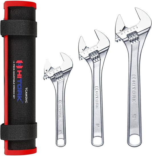 Hitork 3-Piece Adjustable Wrench Set 6-Inch, 8-Inch, 10-Inch, Chrome-Plated Cr-V Steel, Wide Opening Jaws, Laser Etched SAE & Metric Scale, Polished Head, Smooth Knurl, Roll Pouch Included