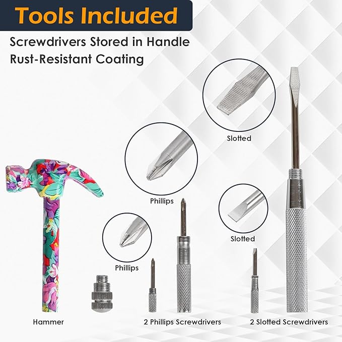 Home-X 6-in-1 Floral Hammer – Multifunctional Hammer with Screwdrivers Inside | Includes Slotted Flat Head, Phillips, Flat Head 2, and Hammer Cup | Portable Mini Hammer Tool (Pink)