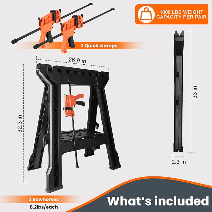 ZYJOYY Clamping Sawhorses 2 Pack Folding, Portable Heavy Duty Sawhorse with 1000 lbs Weight Capacity Total,Built-in Tool Tray and Cord Hooks
