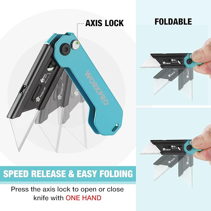WORKPRO 2PCS EDC Folding Utility Knife, Mini Box Cutter with Quick Open Axis Lock, Quick Change Blade Razor Knife, Foldable Small Pocket Knife with Belt Clip, 2 Packs with 10 Extra Blades