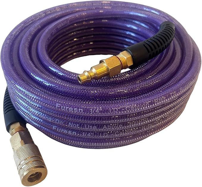 Air Hose 1/4 in x 100 ft, Polyurethane(PU), Reinforced Air Compressor Hose, Lightweight, Kink Resistant with 1/4??Industrial High Flow Quick Coupler and Plug, Bend Restrictors,300 PSI (100FT, Purple)