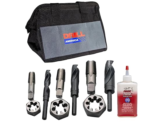 Drill America Plumber's Tool Kit, Drill, Tap and Die Kit, 10-Piece Tool Set with 3 NPT Tap and Drill Bits, 3 NPT Hex Dies (1/2?? 3/4", 1??, 4oz Tap Magic Cutting Fluid with Storage Bag, KMZPLUM12