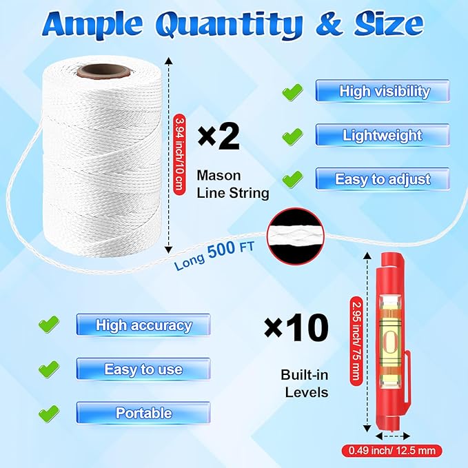 2 Pack #18 500 ft Mason Line String & 10 Pack Built-in Levels, String Level Line Kit for DIY, Gardening Work, Construction Twine Outdoor Projects Layout Brick Working (Fluorescent White)