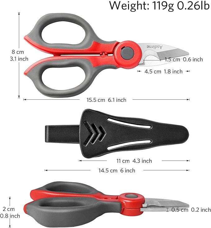 2 Pack Electrician Scissors, Heavy Duty Stainless Steel Sharp Blades and Soft Rubber Grip, Electrician Shears with Protective Cover, 6.1 Inch (Gray/Red)