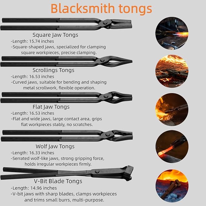 6PCS Blacksmith Tools with Blacksmith Tongs and Blacksmith Hammer,V-Bit Blade, Wolf Jaw, Scrollings,Flat,Square Jawand Assembled Blacksmithing Tongs for Forging Tools and Equipment