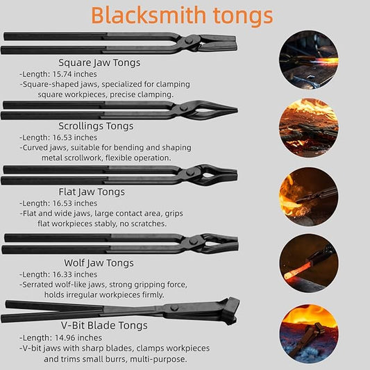 6PCS Blacksmith Tools with Blacksmith Tongs and Blacksmith Hammer,V-Bit Blade, Wolf Jaw, Scrollings,Flat,Square Jawand Assembled Blacksmithing Tongs for Forging Tools and Equipment