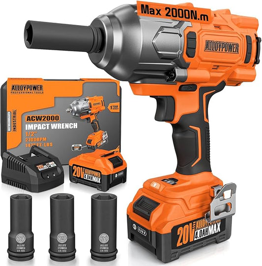 ALLOYPOWER Cordless Brushless Impact Wrench, 1475 ft-lbs (2000N.m), 1/2 High Torque power impact gun, 3-Mode Speed, 4000mAh Battery, 3 Sockets, Electric Impact Wrench Set for Car Tire Truck RV Mower