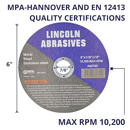 50 Pc 6" x 1/16" x 7/8" Cut-Off Wheels Lincoln Abrasives Metal & Stainless Steel