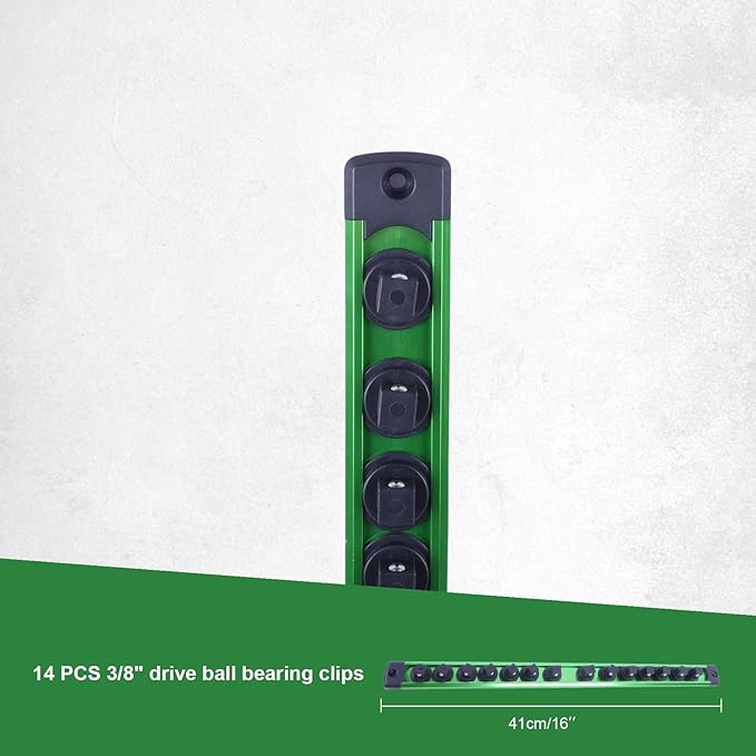 Magnetic Socket Holder Organizer Set:3/8-Inch Drive Socket Trays Socket, 360째 Swivel 14 Clips Socket Holder Kit, For Automotive Mechanic Garage (Green)