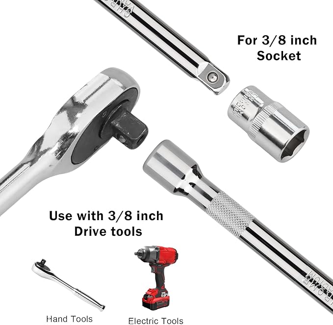 3/8 Inch Drive Socket Extension Bar Set?밒ncludes 3", 6", 10" Chrome Vanadium Steel Extensions with Silver Mirror Finish for Ratchet Drive, Automotive and Home Tool Use,3PC