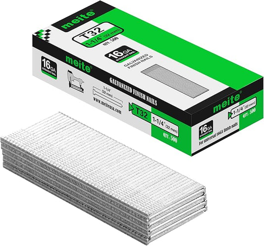 meite 16 Gauge Finish Nails, 1-1/4 Inch Galvanized 16GA Finish Nails, Small Straight Finishing Nail, Ideal for Woodworking, Upholstery, and Framing Projects (500 Counts)