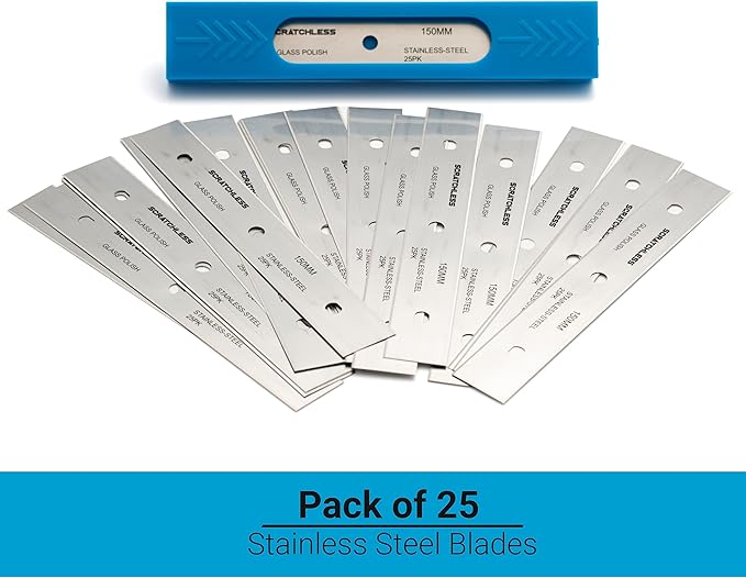 GLASS POLISH 6" (150mm) Pack of 25 Double-Edged Stainless Steel Blades, 0.20mm Laser Sharp Replacement Blades for SCRATCHLESS Scraper or Compatible Models - GP15043