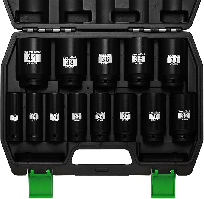 1/2" Drive Deep 6-Point Impact Socket Set, 13-Piece Spindle Axle Nut Impact Socket Set, Cr-Mo, Metric (17mm to 41mm), Enhanced Storage Case