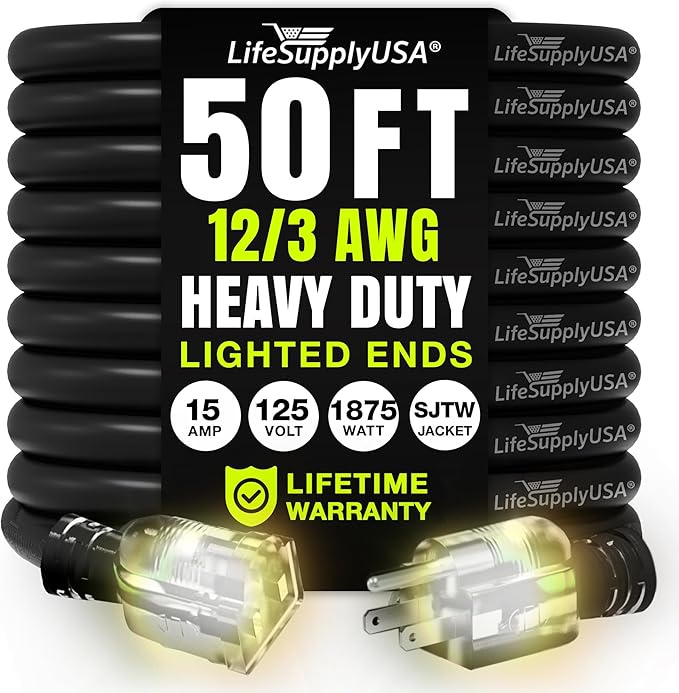 50ft Outdoor/Indoor Extension Cord 12/3 Gauge Extra Heavy Duty 3 Prong SJTW, Waterproof, Flexible Cold-Resistant Long Power Cord,15A 125V 1875W, Black by LifeSupplyUSA