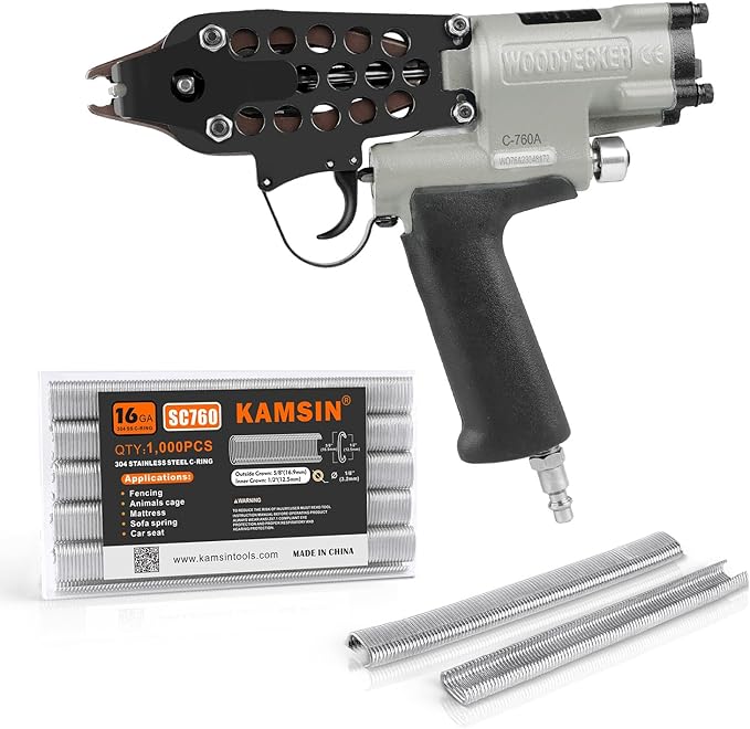 Woodpecker C-760A 16 Gauge Pneumatic Hog Ring Gun Kit, 1/2-Inch Crown, with 1000PCS Hog Ring Staples, 3.0-4.0mm Closing Diameter, Air Hog Ring Plier Tool, C Ring Gun for Cages, Fencing, Car Seat