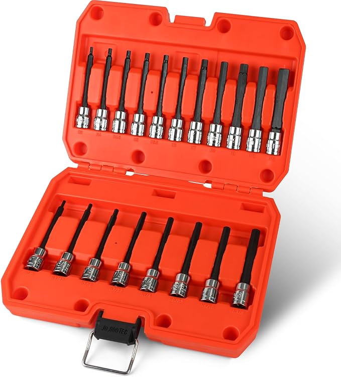 19-Piece 3/8" Drive Long Reach Impact Hex Bit Socket Set, SAE (1/8"-3/8") & Metric (3mm-12mm) Deep Allen Key Wrench Set, S2 and Cr-V Steel, with Molded Storage Box