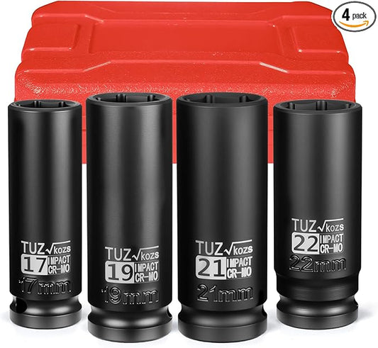 4 Pieces 1/2 inch Drive Deep Impact Socket Set,Metric,17mm 19mm 21mm 22mm,Cr-Mo,6-Point,Spindle Axle Nut Impact Socket