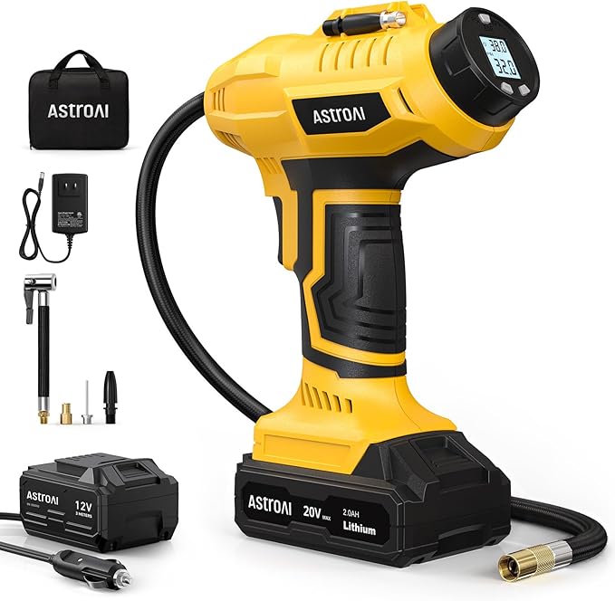 AstroAI Cordless Tire Inflator Air Compressor 20V Rechargeable Battery Powered 160PSI Portable Air Pump with 12V Car Power Adapter Digital Pressure Gauge for Cars Motorcycles JY16P160-18竊뉱2竊뎋ellow