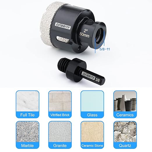 DKIBBITH Dry Diamond Core Drill Bits, 2 Inch Tile 50mm Vacuum Brazed Angle Grinder Hole Saw for Porcelain Ceramic Granite Brick Concrete with 5/8-11 Thread to 3/8'' Hex Shank Adapter, Black