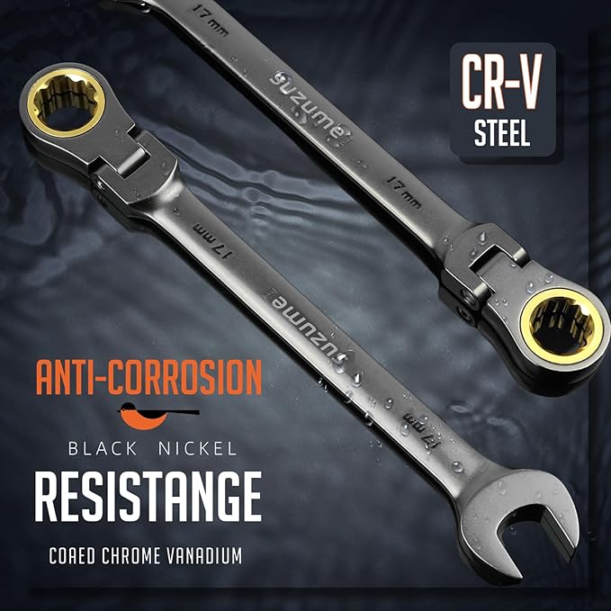 SUZUME 17mm Flex Head Ratcheting Wrench Metric 72 Teeth Cr-V Steel 15K+ Cycle Locked Gears with 180째 Flexible Head Black Nickel Coating