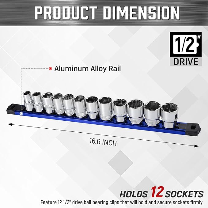 ALOANES 1/2-Inch Drive Magnetic Socket Organizer, Heavy Duty Aluminum Socket Rail Organizer, 360째 Swivel Clips Socket Rail Set For Sockets Storage, 1/2-Inch Socket Holder x 12 Clips (Blue)