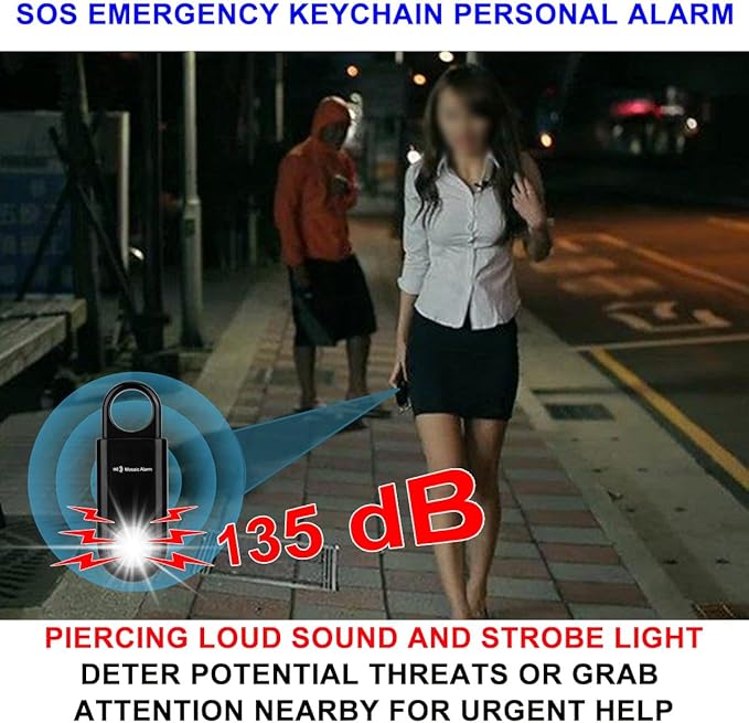 135dB Rechargeable Personal Safety Alarm Strobe Light Flashlight Keychain Siren for Women, Girls, College, School Students Emergency SOS Alerts Loud Sound Hiking Alarm Torchlight Bear Deterrent. Black