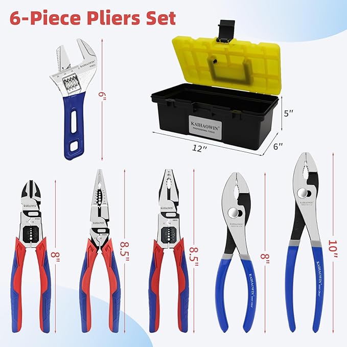 KAIHAOWIN 6-Piece Tool Set with Case, 8.8??Long Nose, 8.8??Linesman, 8??Diagonal, 6??Adjustable Wrench, 8??10??Slip Joint Pliers for Repairing & Home Use