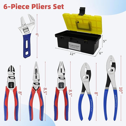 KAIHAOWIN 6-Piece Tool Set with Case, 8.8??Long Nose, 8.8??Linesman, 8??Diagonal, 6??Adjustable Wrench, 8??10??Slip Joint Pliers for Repairing & Home Use
