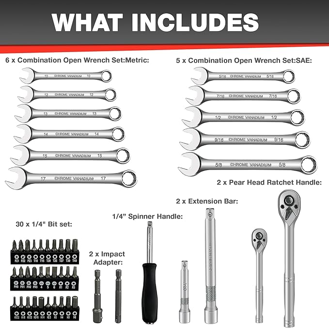 122Pcs 1/4" & 3/8??Drive Impact Socket Set, Ratchet Socket Wrench Set with Extention Bar, Adapter, Screw Bits,Drive Bit Holder, Spark Plug Socket,CR-V