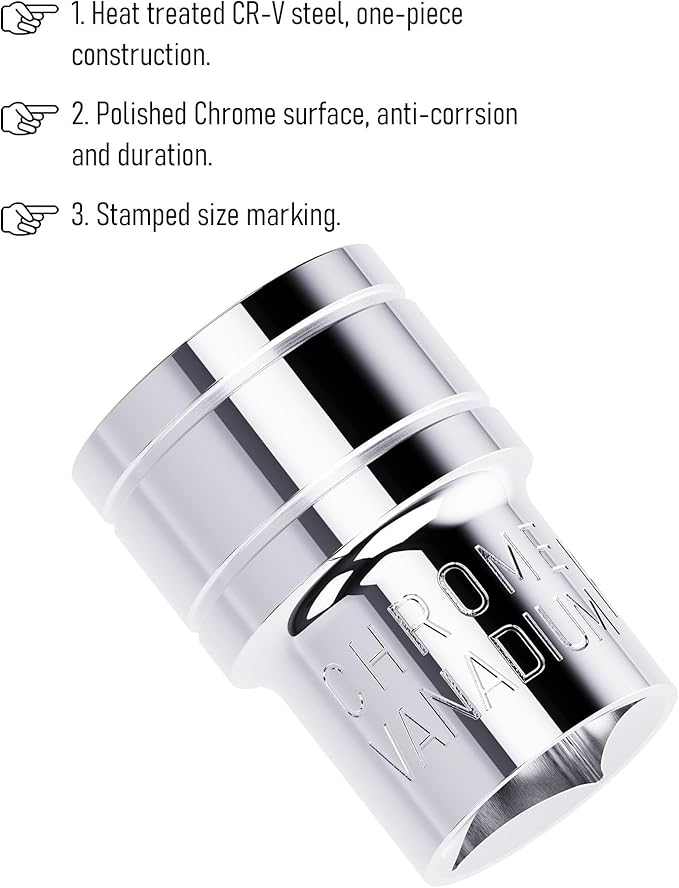 16mm Shallow Socket, 1/2 Inch Drive, 6-Point, Metric, Heat Treated CR-V Steel Short Sockets, Full Polishing, 1.5 Inch Length