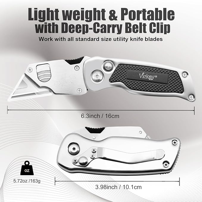 Vickay Box Cutter, Utility Knife with Clip, Stainless Steel Body Handle, Quick-change Blade and Safety Axis Lock, Razor Knife, Cardboard Cutter with Extra 5PC SK5 Blades (Black)