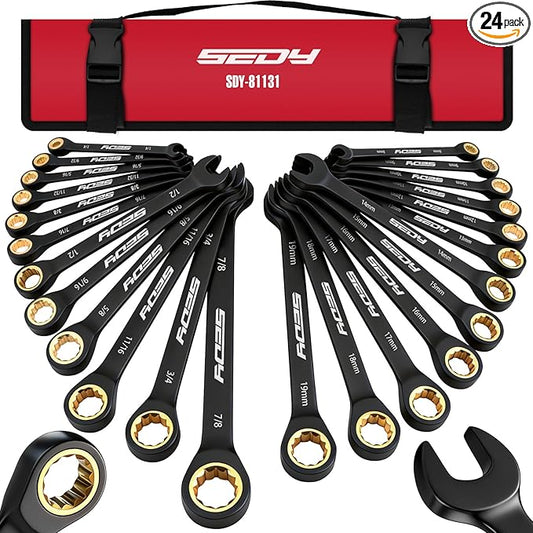 Premium 24-Piece Ratcheting Wrench Set, SAE & Metric Combination Wrenches, 8??9mm & 1/4 ??/8 inch, 72-Tooth CR-V Steel with Durable Black Finish, Ratchet Spanners with Roll-Up Tool Pouch for Repair