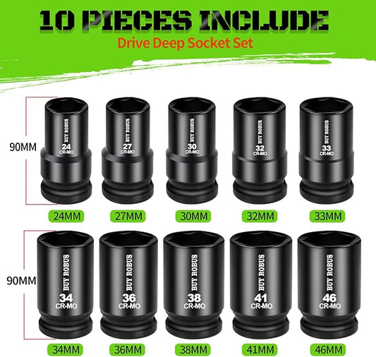 10 Pieces 1-Inch Drive Deep Impact Socket Set, 24mm, 27mm, 30mm, 32mm, 33mm, 34mm, 36mm, 38mm, 41mm,46mm CR-MO, Metric, 6-Point, Heavy Duty Wheel Impact Socket Set