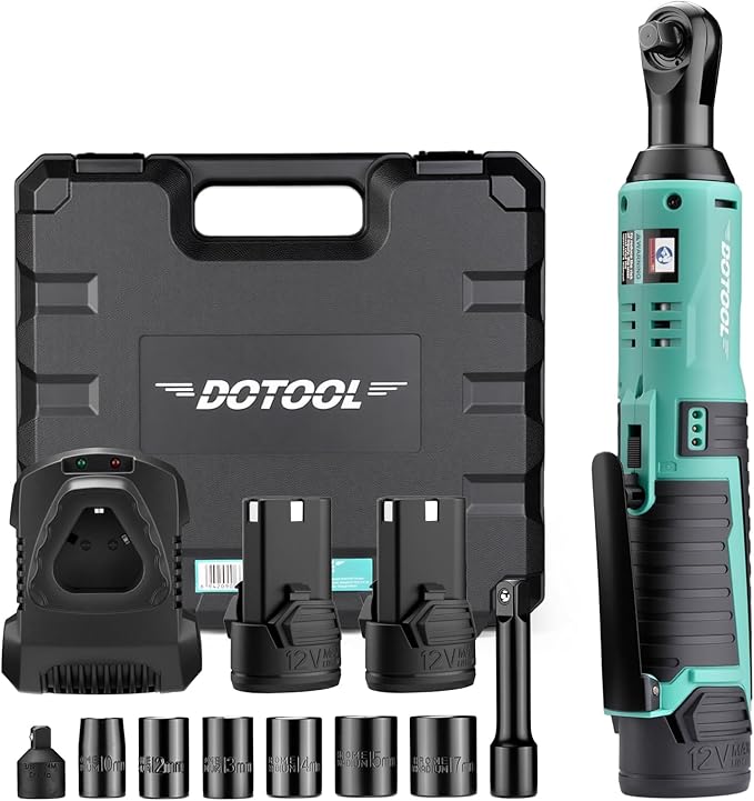 3/8'' Cordless Electric Ratchet Wrench Set,40Ft-Lbs,12V Power Ratchet Wrench Kit with 2 X 2.0Ah Battery, Variable Speed Trigger,6pcs Standard Sockets,1/4'' Adapter,3 inch Extension Bar