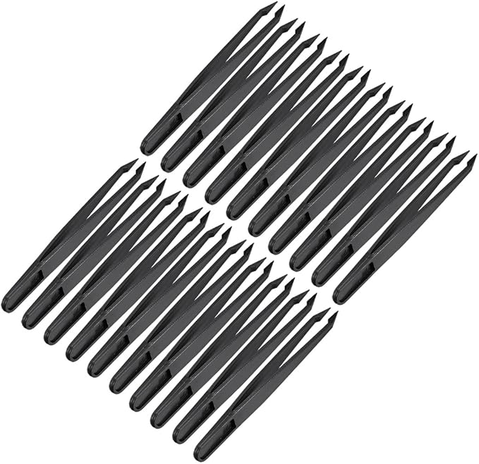 uxcell Plastic Anti-static Tweezers, Precision Slant Point Tip for Craft DIY Beauty Electronics Repair Tool Black 20 Pcs