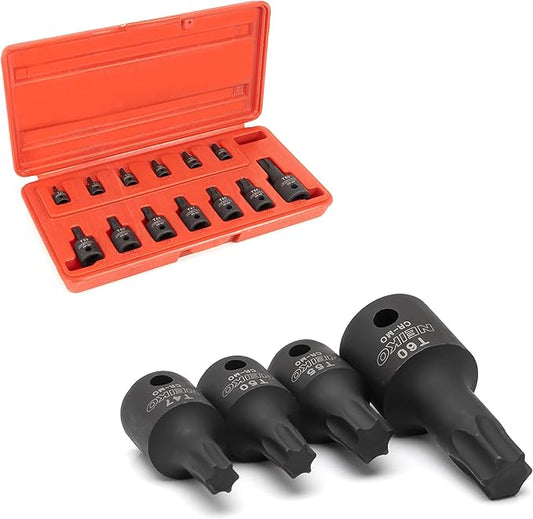 NEIKO 10281B Impact Torx Bit Socket Set, 1/4", 3/8" and 1/2" Drive, 6 Point Star Sockets, Heavy Duty Impact Grade Cr-Mo, T10 to T60 High Impact, Professional Grade Auto & Motorcycle Mechanic Socket