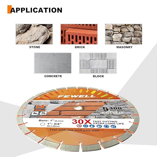 FEWELL14 Inch Diamond Concrete Saw Blade,15mm Segment General Purpose Blade Dry/Wet Cutting Concrete Masonry Brick Block Stone with a 1"-20mm Adapter